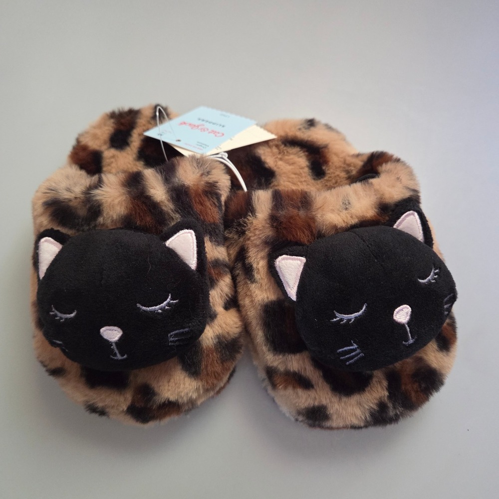 Cat & Jack Toddler Leopard Print Faux Fur Cat Slippers Brown Black M 7/8 NWT